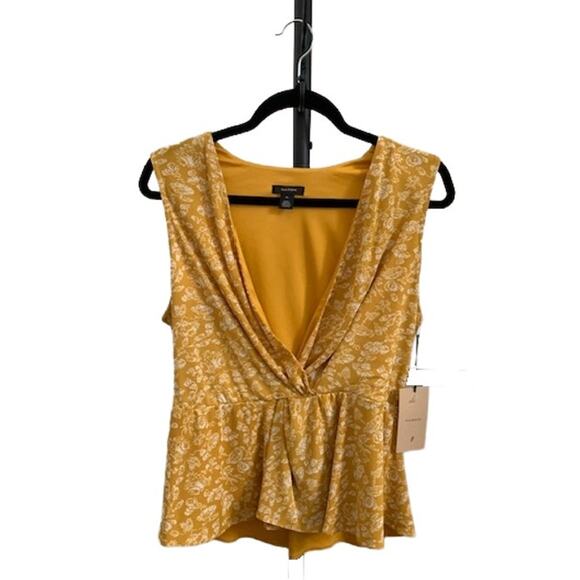 Halogen-Sleeveless-Peplum-Top-Floral-Deep V Neck-Mustard-Yellow-Poly-Women-L - Picture 1 of 5